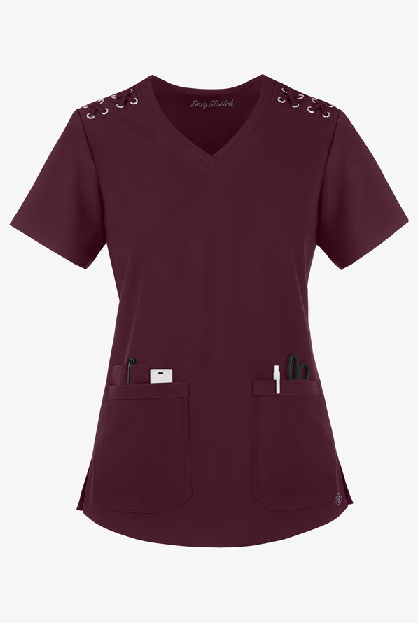 Blusa m&eacute;dica Easy STRETCH Leila con ojales con lazos y 3 bolsillos para mujer - Dark Mulberry - 1