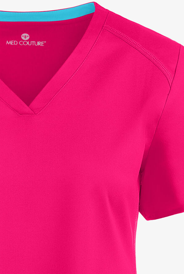 Med Couture Touch Women's 3-Pocket STRETCH Rib-Knit Side Panels Shirttail V-Neck Scrub Top - Pink Punch - 4