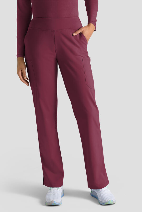Butter-Soft STRETCH Women's 4-Pocket Knit Waistband Yoga Scrub Pants - Tall - Wine - 1