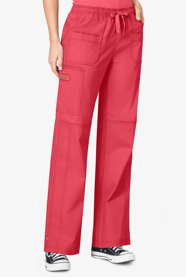 WonderWink WonderFLEX Faith Women's 6-Pocket STRETCH Cotton Rich Boot Cut Cargo Scrub Pants - Papaya/Green Apple - 1