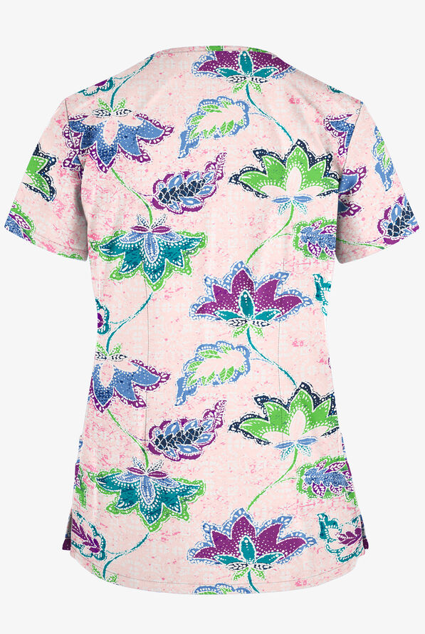 Butter-Soft Chalked Floral Lotus Women's 4-Pocket Rounded V-Neck Print Scrub Top - null - 2
