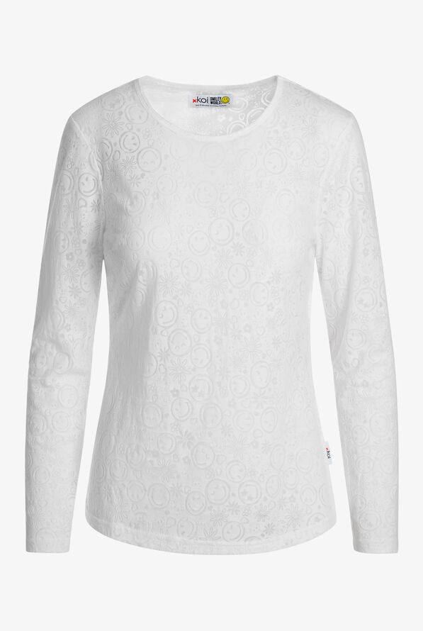 koi Smiley World Burnout White Women's STRETCH Long Sleeve Knit Underscrub - null - 1