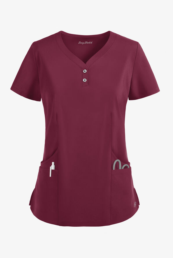 Easy STRETCH Demi Women's 4-Pocket Henley Scrub Top - Wine - 1
