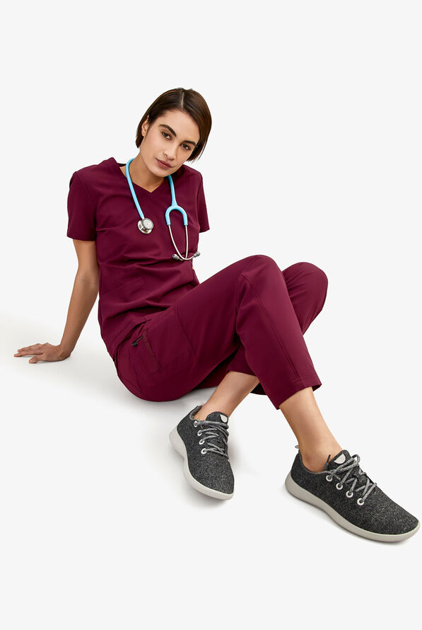 Keswi Women's 9-Pocket Interior Drawstring Scrub Pants - Wine - 2