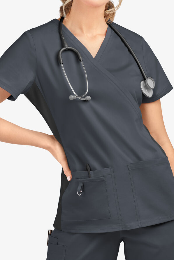 Butter-Soft STRETCH Women's 3-Pocket V-Neck with Side Knit Panels Scrub Top - Pewter/Black - 4