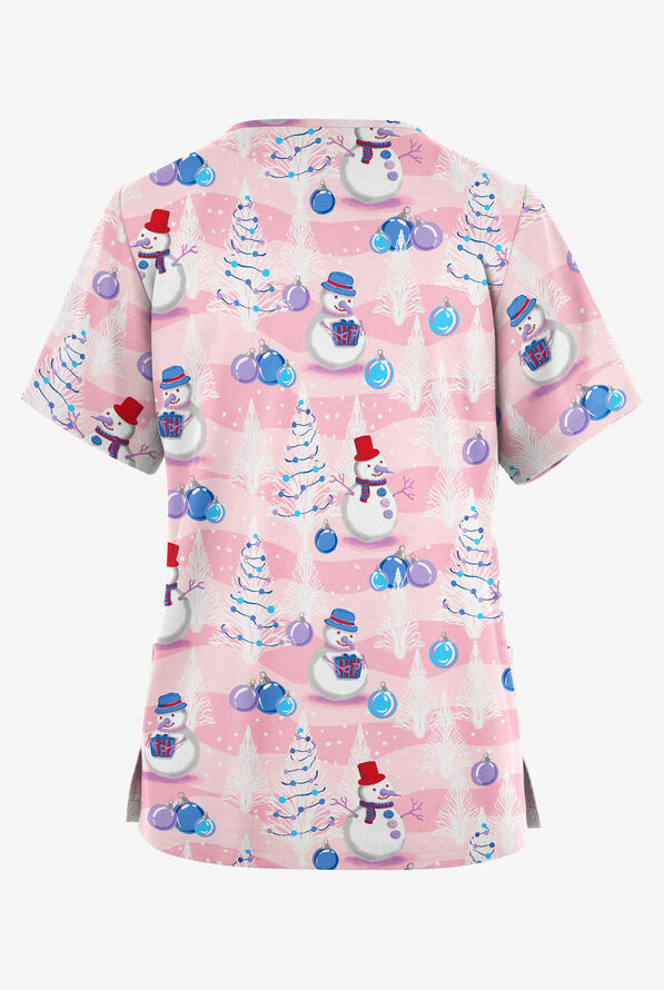 Blusa médica estampada Butter-Soft Originals Frosty Holiday Blush con cuello en V y 2 bolsillos para mujer - null - 2