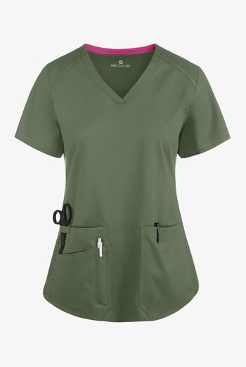 Blusa m&eacute;dica Med Couture Touch STRETCH con cuello en V, paneles laterales acanalados, fald&oacute;n camisero y 3 bolsillos para mujer