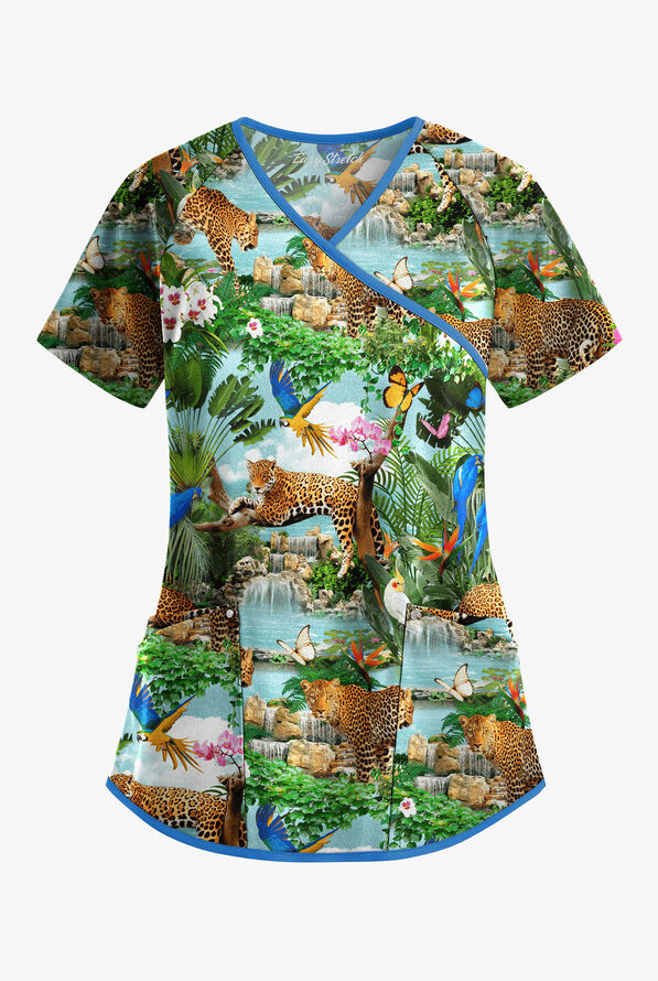 Easy STRETCH Tropical Paradise Women's 4-Pocket Raglan Sleeve V-Neck Mock Wrap Print Scrub Top - null - 1