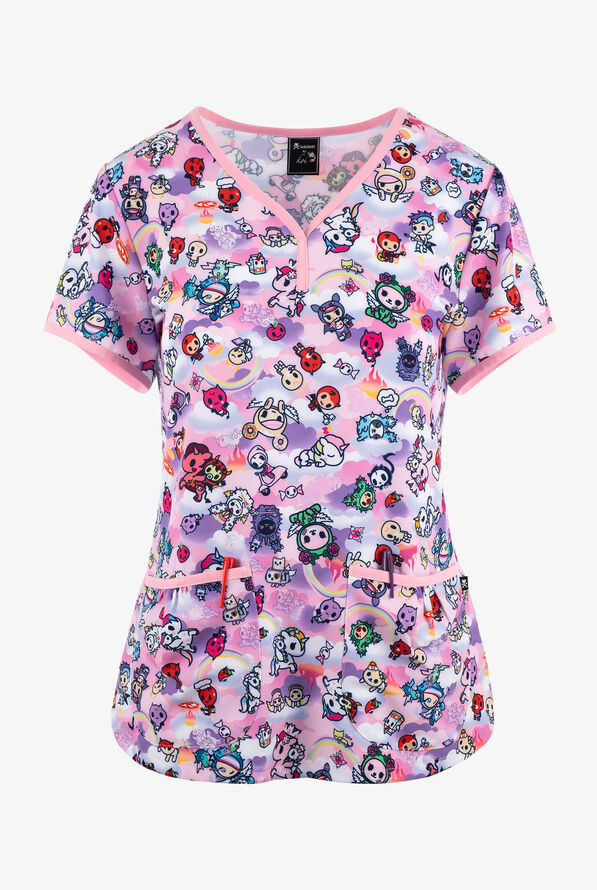 koi tokidoki Naughty and Nice Women's 3 Pocket STRETCH Y-Neck Print Scrub Top - null - 1