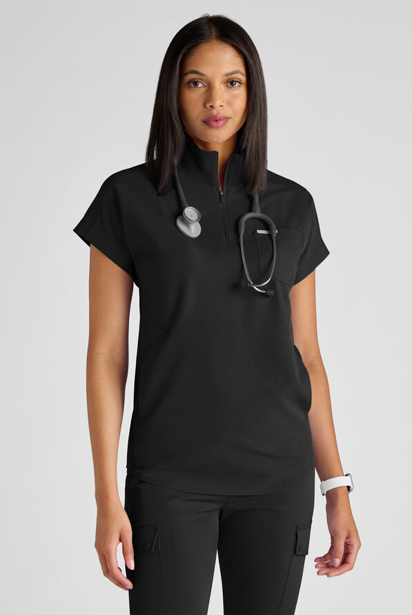 ReSurge Rhine Women's 5-Pocket Oversized Half Zip Stand Collar Scrub Top - Black - 1