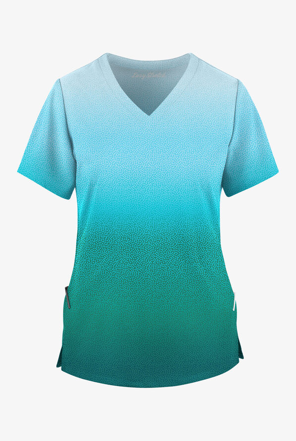 Easy STRETCH Pixel Ombre Caribbean Blue Women's 2-Pocket V-Neck Print Scrub Top - null - 1