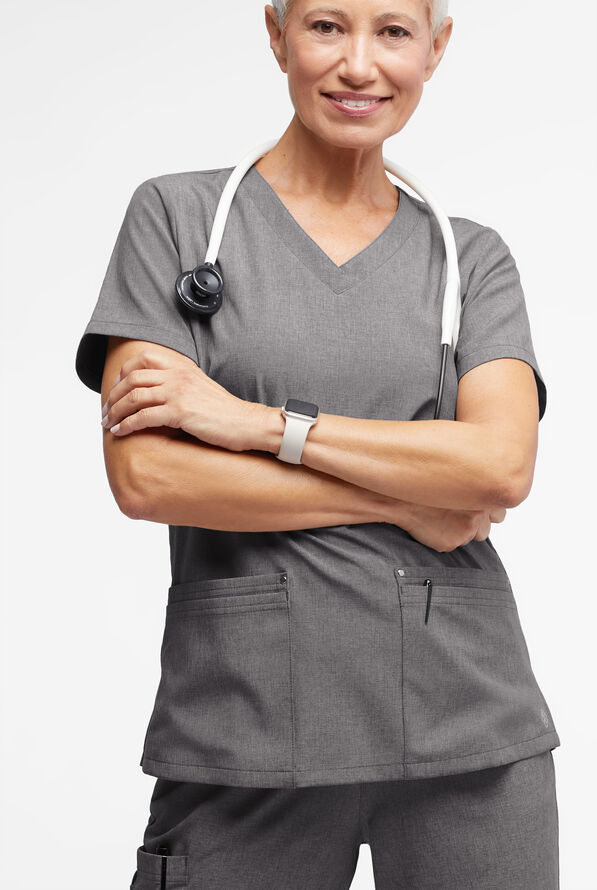 Easy STRETCH Lina Mitered Women's 4-Pocket V-Neck Scrub Top - Graphite Heather - 3