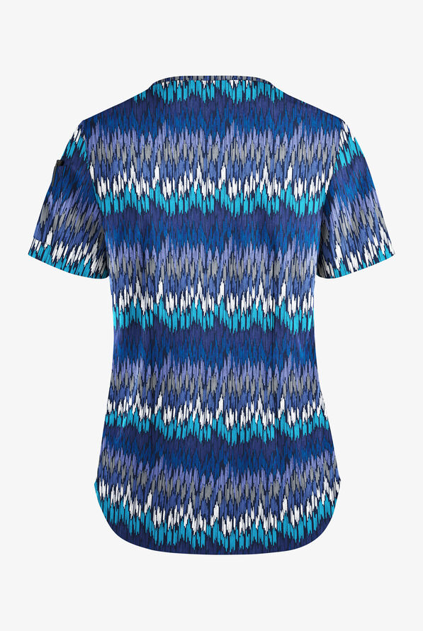 Easy STRETCH Brushstroke Chevron Navy Women's 1-Pocket Tuck-In Print Scrub Top - null - 2