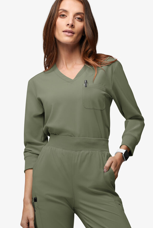 Easy STRETCH Women's Josie 2-Pocket Relaxed 3/4" Sleeve Scrub Top - Olive Leaf - 2