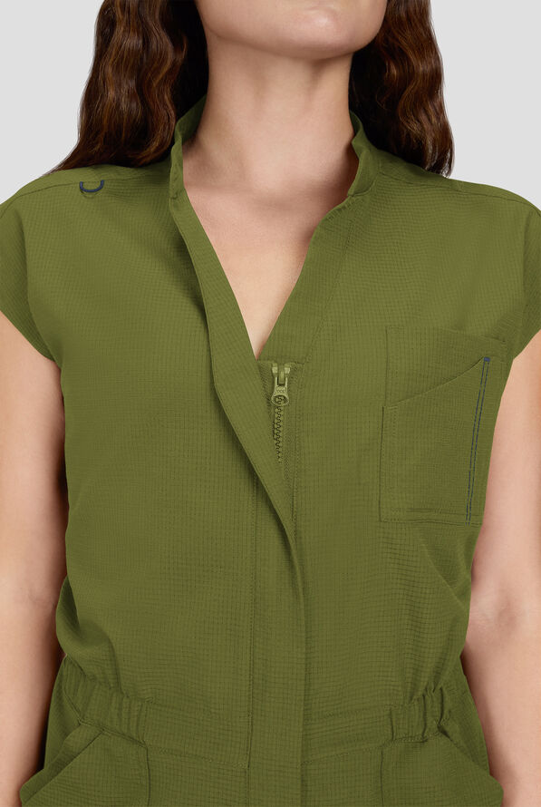koi Solis Anja Women's 9-Pocket STRETCH Zip Front Dolman Sleeve Scrub Jumpsuit - Martini Olive - 3