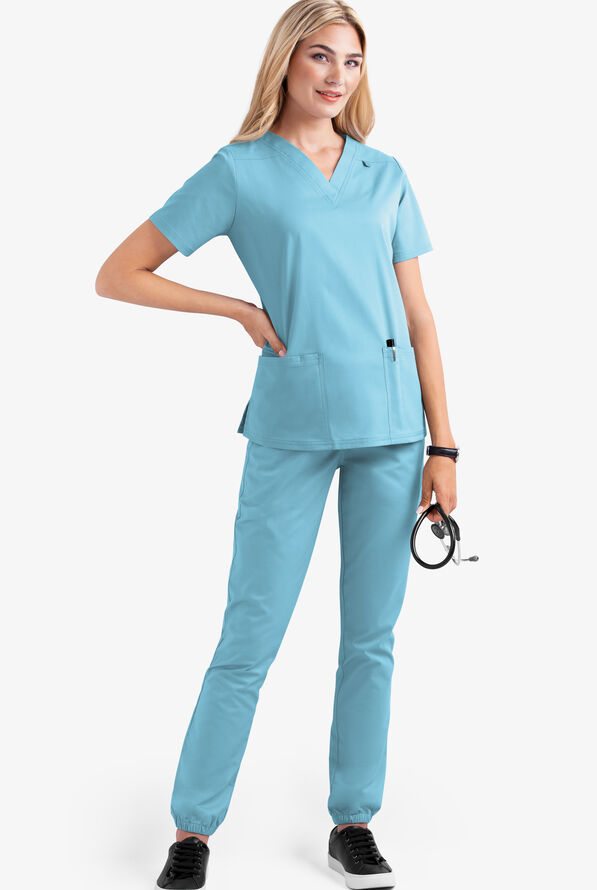 Butter-Soft STRETCH Women's 4-Pocket V-Neck Scrub Top - Poolside View - 2