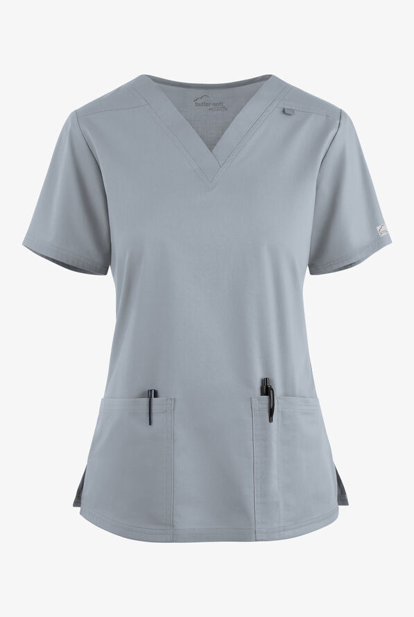 Butter-Soft STRETCH Women's 4-Pocket V-Neck Scrub Top - Silver - 1