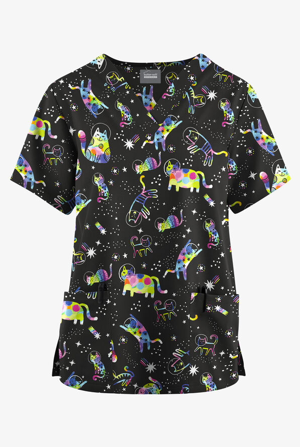 Butter-Soft Originals Galactic Cats Women's 2-Pocket Classic Fit V-Neck Printed Scrub Top - null - 1