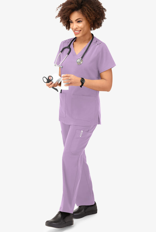 Easy STRETCH Leila Women's 3-Pocket Lace Up Grommet Scrub Top - Amethyst Mist - 6