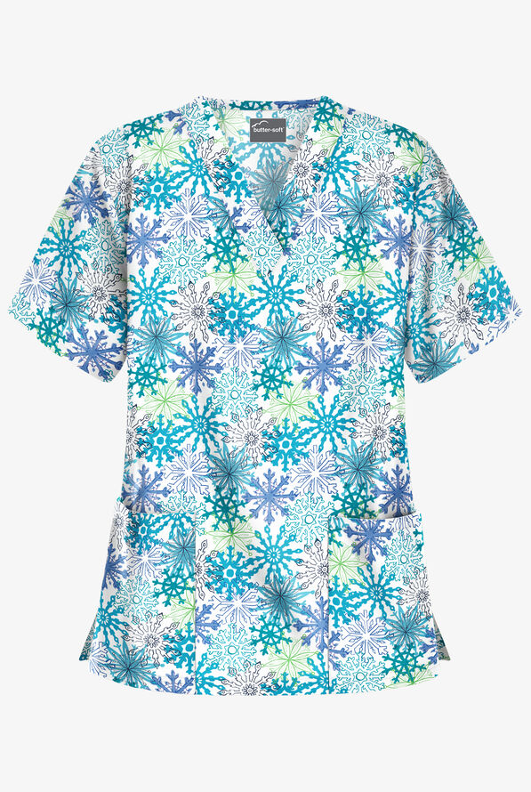 Butter-Soft Frozen Night Women's 2-Pocket Relaxed Fit V-Neck Print Scrub Top - null - 1