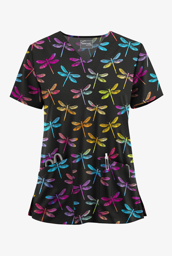 Butter-Soft STRETCH Dragonfly Dance Black Women's 2-Pocket V-Neck Print Scrub Top - null - 1