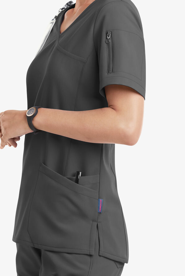 Blusa m&eacute;dica MOVEMENT by Butter-Soft Capella estilo cruzado con 5 bolsillos para mujer - Pewter - 5