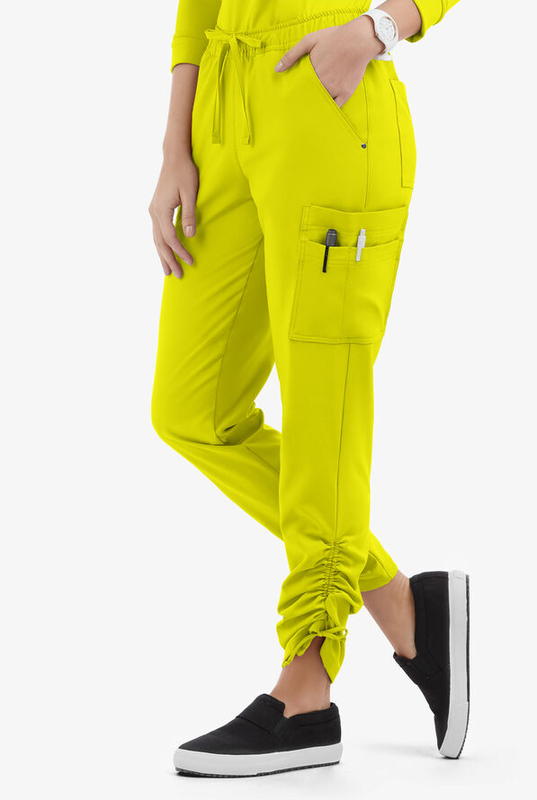 Easy STRETCH Halle Women's 11-Pocket Ruched Leg Jogger Scrub Pants - Petite - Cyber Lime - 1