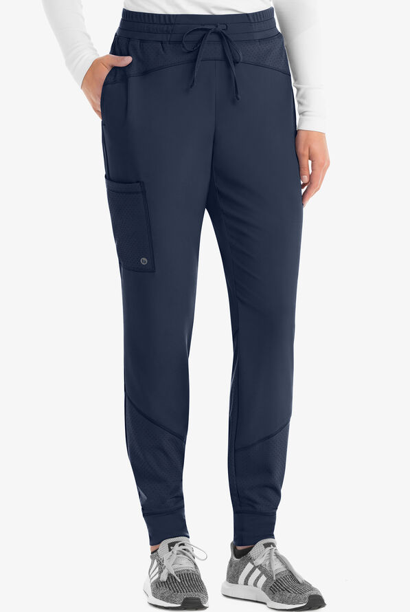 Barco One Boost Women's 3-Pocket STRETCH Elastic Waist Perforated Leg Detail Jogger Scrub Pants - Petite - Indigo - 1