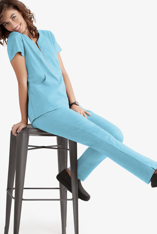 Butter-Soft STRETCH Women's 3-Pocket Elastic Waist Drawstring Scrub Pants - Tall - Poolside View - 3