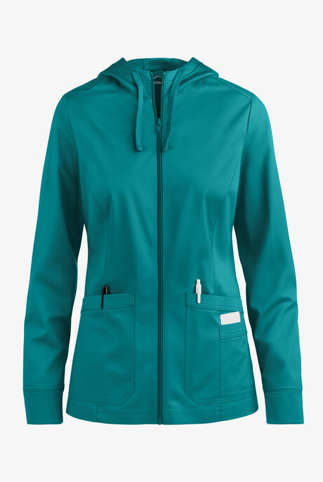 Butter-Soft STRETCH Women's 3-Pocket Zip-Front with Cozy Knit Hood and Trim Scrub Jacket