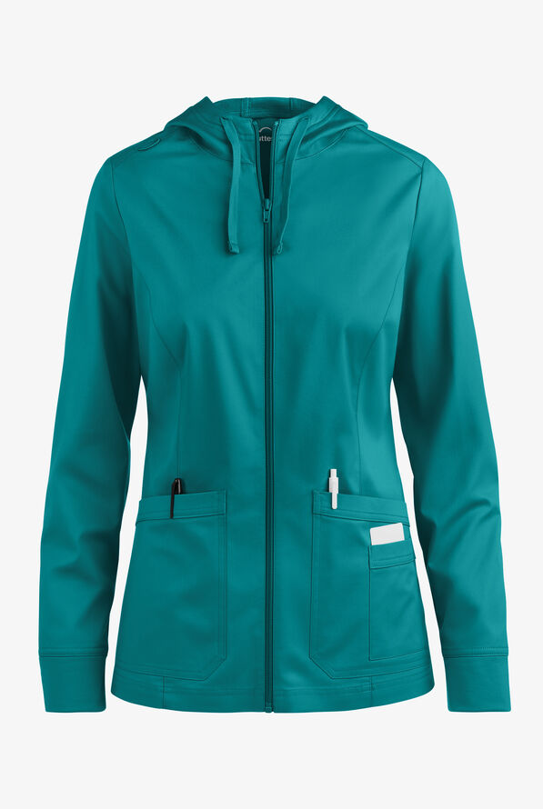 Butter-Soft STRETCH Women's 3-Pocket Zip-Front with Cozy Knit Hood and Trim Scrub Jacket - Teal - 1