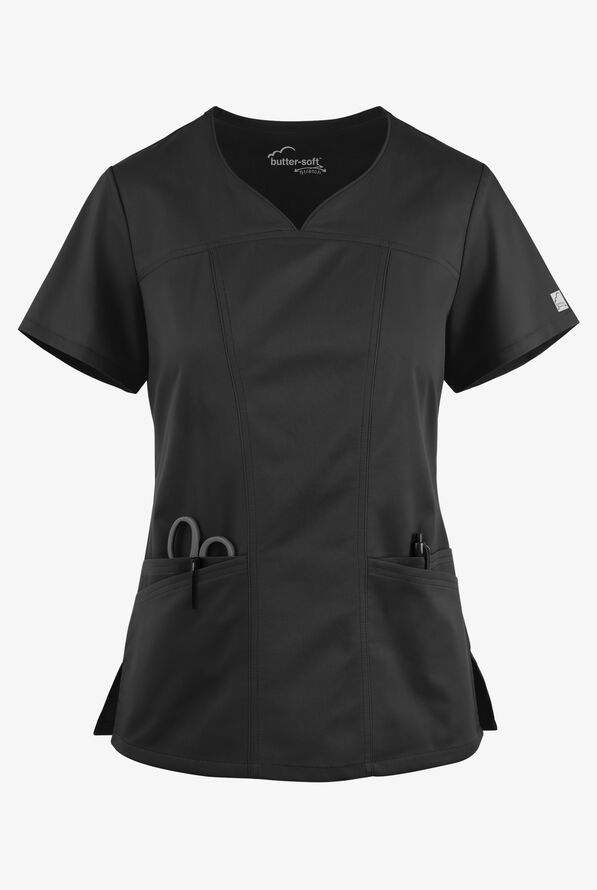 Blusa médica UA Butter-Soft STRETCH con escote corazón y 4 bolsillos para mujer - Black - 1