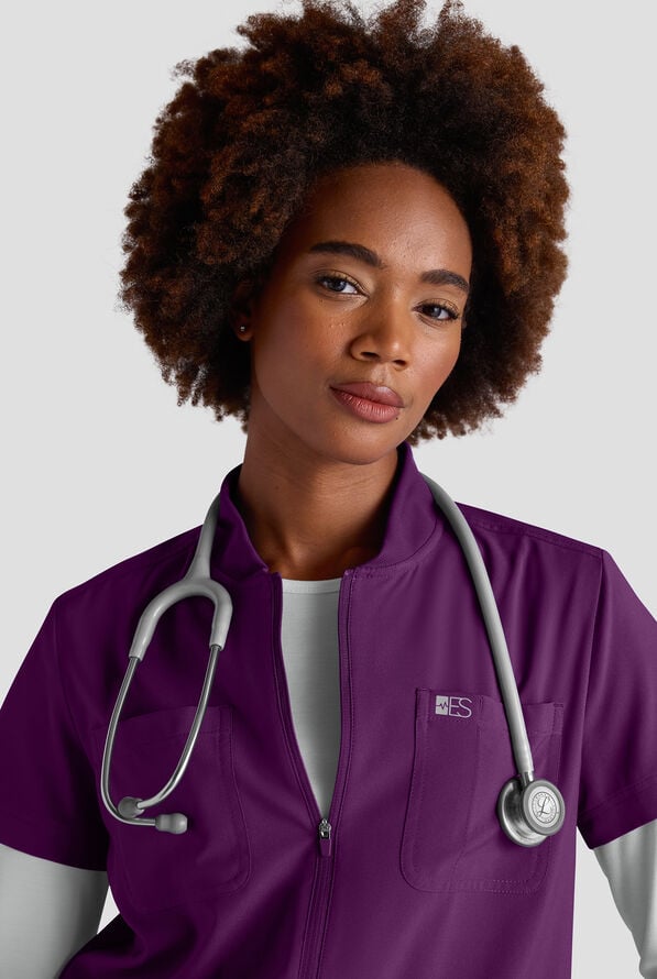 Easy STRETCH Nika Women's Zip Front Scrub Top&ndash; 2-Piece Jumpsuit Top - Eggplant - 3