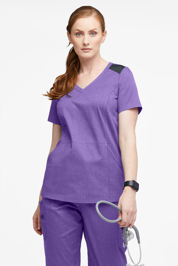 Blusa m&eacute;dica UA Butter-Soft STRETCH con detalle tejido y 3 bolsillos para mujer - Sparkling Grape Heather/Pewter - 2