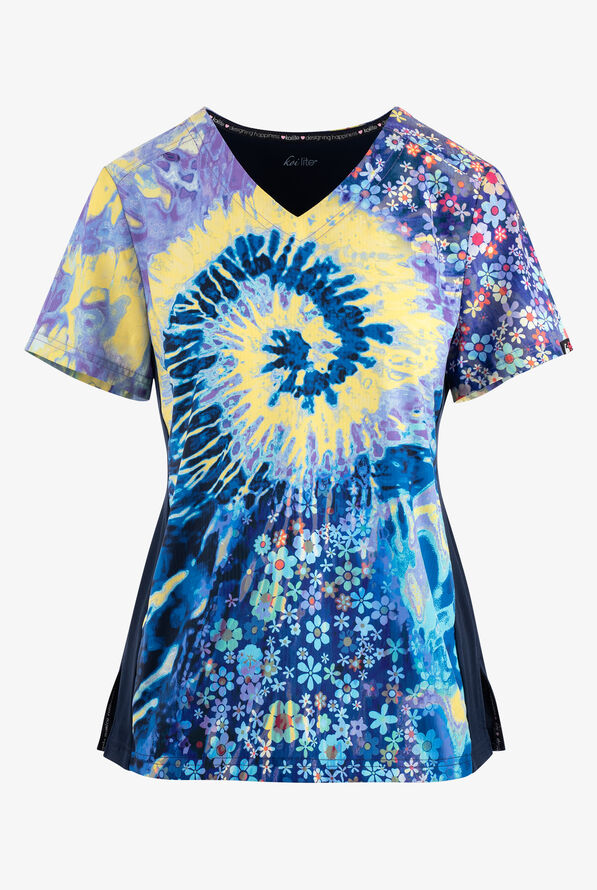 koi Lite Groovy Floral Navy/Wisteria/Yellow Women's 2-Pocket V-Neck Print Scrub Top - null - 1