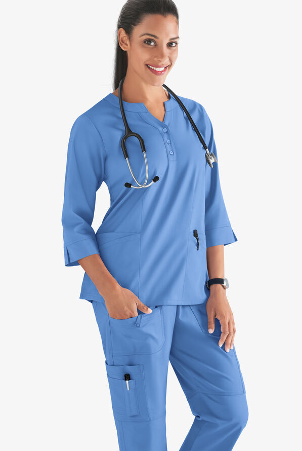 Butter-Soft STRETCH Women's 4-Pocket 3/4" Sleeve Round Neck Scrub Top - Ceil Blue - 2