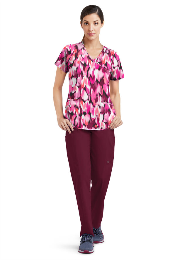 Easy STRETCH Love Garden Onyx Women's 4-Pocket Raglan Sleeve V-Neck Mock Wrap Print Scrub Top - null - 2