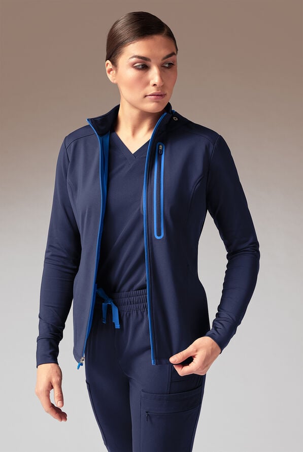 Hypothesis Super-Dermal Women’s Zip Front Multi-Pocket Scrub Jacket - Navy/Royal - 1