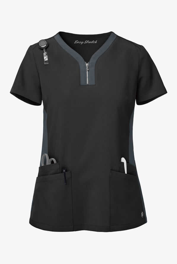 Easy STRETCH Lily Women's 4-Pocket Zip Neck Henley Scrub Top - Onyx Black/Pewter - 1