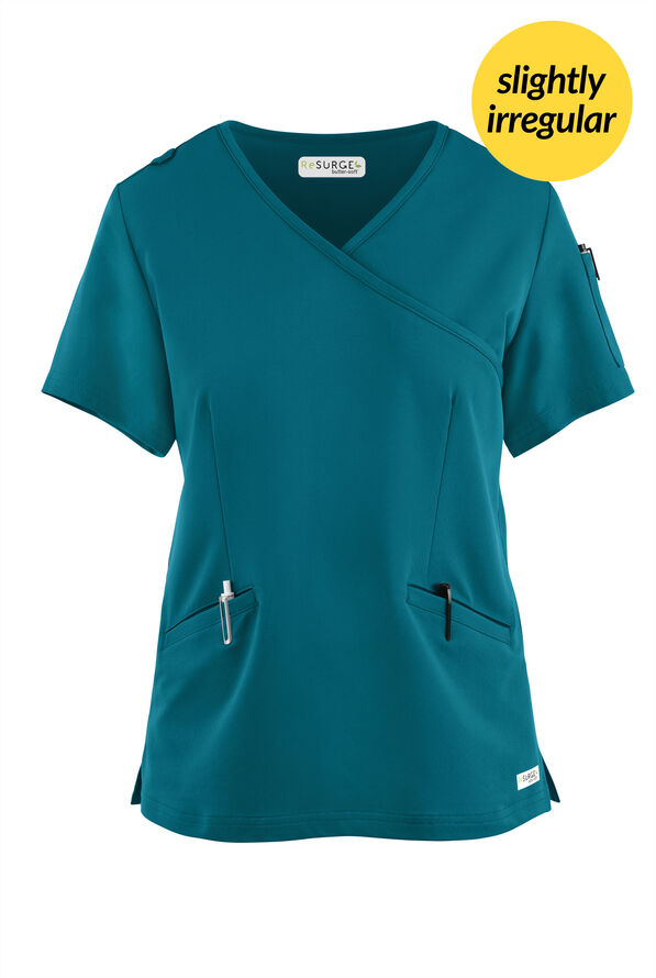 Butter-Soft Women's 5-Pockets Faux Wrap Scrub Top **Slightly IRREGULAR** - Caribbean Blue - 1