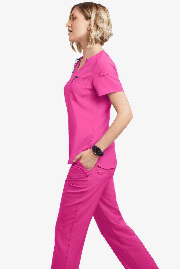 Easy STRETCH Nikki Women's 1-Pocket Scallop Neck Tuck-In Scrub Top - Glam Pink - 5