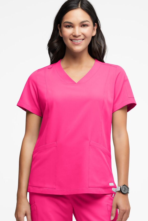 ReSurge Ruby Women's 5-Pocket Curved V-Neck Top - Reactive Pink - 1