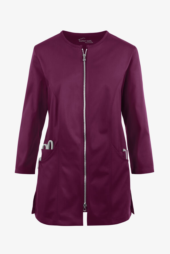 Butter-Soft STRETCH Women's 4-Pocket Jewel Neck Consultation Scrub Lab Coat - Wine - 1