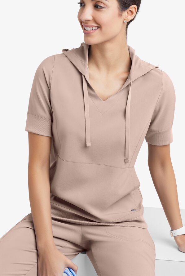 Easy STRETCH True Women's 3-Pocket Short Sleeve Pull-Over Scrub Hoodie - Mocha Meringue - 1