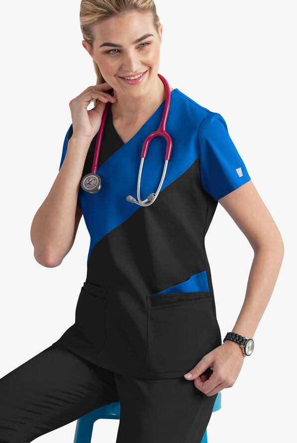 Butter-Soft STRETCH Women's 5-Pocket Asymmetric Scrub Top - Black/Royal - 2
