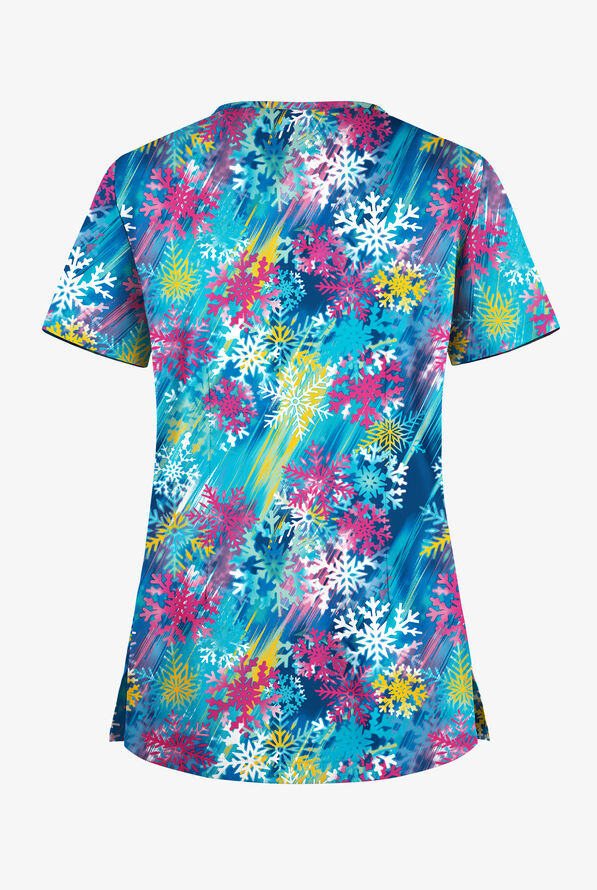 Butter-Soft STRETCH Big City Flurry Fuchsia Women's 1-Pocket Tuck-In V-Neck Print Scrub Top - null - 2