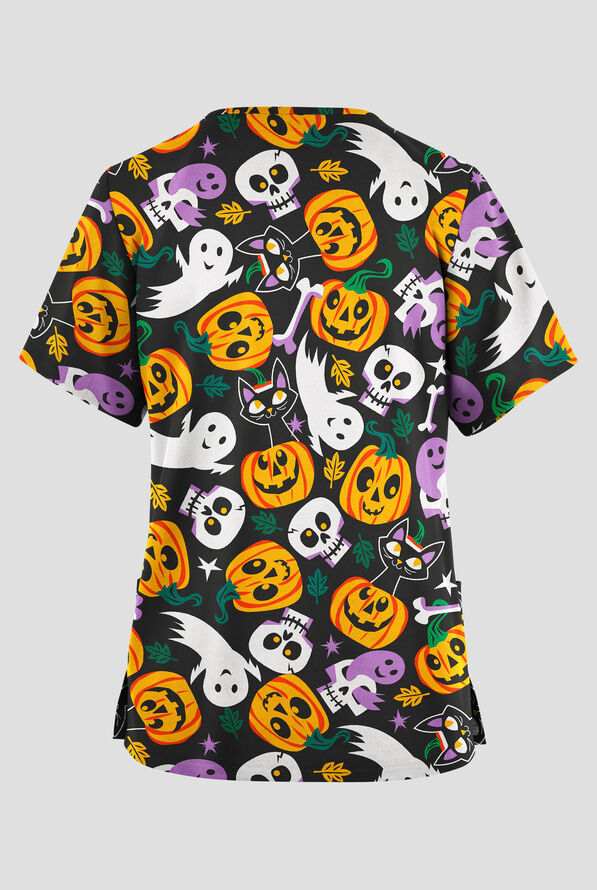 Butter-Soft Originals Boo Hoo Women's 2-Pocket V-Neck Print Scrub Top - null - 2