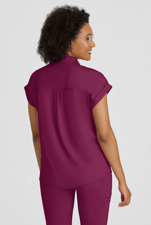 Grey's Anatomy by Barco Knit STRETCH Renew Women's 1-Pocket Dolman Sleeve Polo Scrub Top - Wine - 4