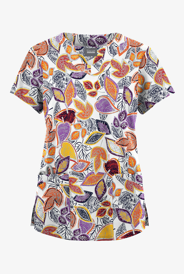 Butter-Soft Originals Filigree Leaves Women's 6-Pocket Scallop Neck Print Scrub Top - null - 1