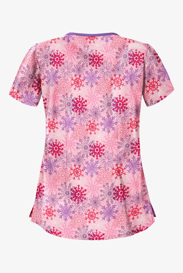 Butter-Soft Frozen Night Blush Women's 4-Pocket Asymmetrical Neck Print Scrub Top - null - 2